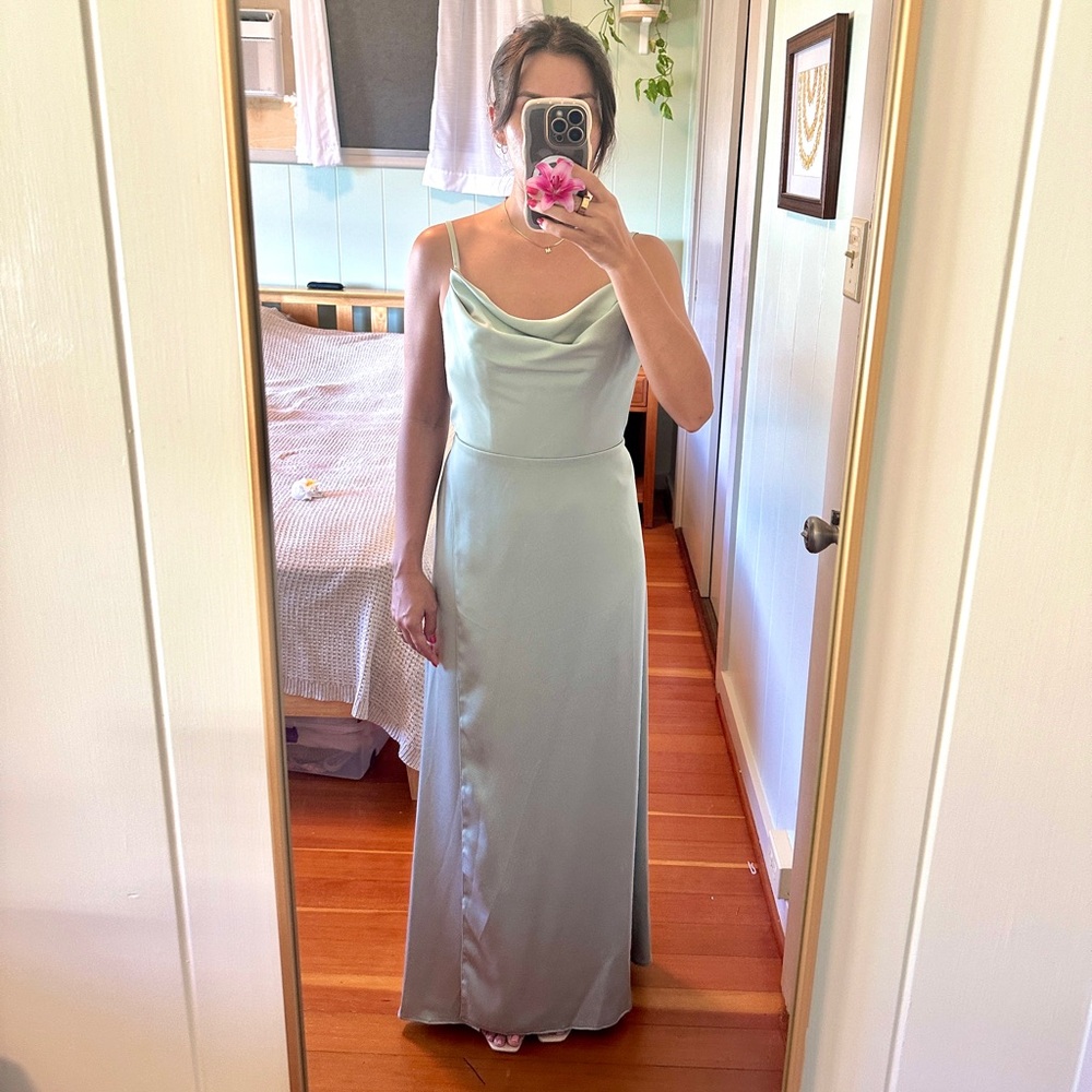 Azazie Sage Green Satin Maxi Dress
